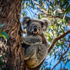 A Peaceful Koala nestled in Eucalyptus Tree in the Heart of the Australian Bushland Background - The Sky above is Blue, Relax - Beautiful Koala Wallpaper created with Generative AI Technology