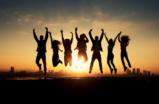 Capture the joyous moment as a silhouette of a group of teenagers leaps in happiness, marking their graduation ceremony with exuberance and celebration. Generative AI.