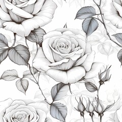 classic seamless pattern with roses drawing in pen sketch 