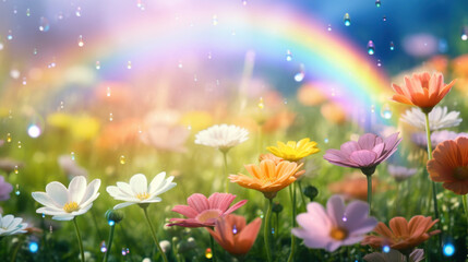 Colorful spring flowers glistening with raindrops under a bright rainbow in a vibrant, sunlit meadow.