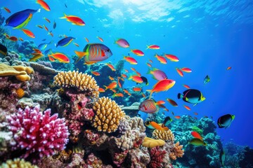 Colorful tropical coral reef with fishes and hard corals in blue water, Large school of fish on a tropical coral reef in the Red Sea, AI Generated