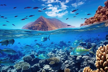 Underwater view of coral reef and tropical fish. 3D rendering, Large school of fish on a tropical...
