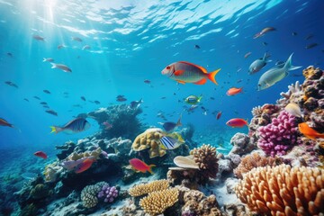 Fototapeta na wymiar Coral reef and tropical fish in the Red Sea. Egypt, Large school of fish on a tropical coral reef in the Red Sea, AI Generated