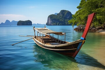 Naklejka na ściany i meble Longtail boat in Andaman sea, Krabi province, Thailand, Longtail boat anchored in the sea, with the landscape of the archipelago visible in the background, AI Generated