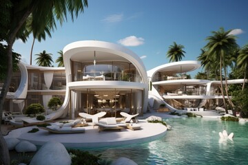 Luxury swimming pool in luxury hotel resort. 3d rendering, Luxury beach resort, AI Generated