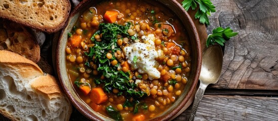 Moroccan herb-infused lentil and vegetable soup with fresh bread.