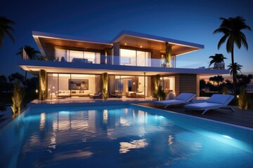 Fototapeta premium 3d rendering of modern cozy house with pool and parking for sale or rent in luxurious style and beautiful landscaping on background. Clear summer night with many stars on the sky, AI Generated