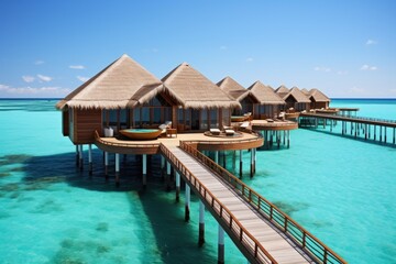Fototapeta na wymiar tropical beach in Maldives with few palm trees and blue lagoon, Maldives water bungalows, AI Generated