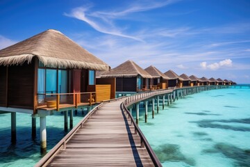 Fototapeta premium tropical beach in Maldives with few palm trees and blue lagoon, Maldives water bungalows, AI Generated