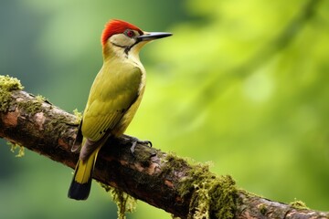 Fototapeta premium Male Red-backed Woodpecker Picus rufescens on a branch, Male Green Woodpecker, Picus erythrorhynchus, perched on a tree, AI Generated