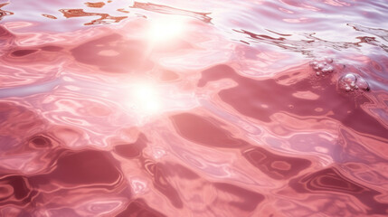 Calm waters with a gentle pink hue reflecting the sun's light, creating a tranquil and warm atmosphere.