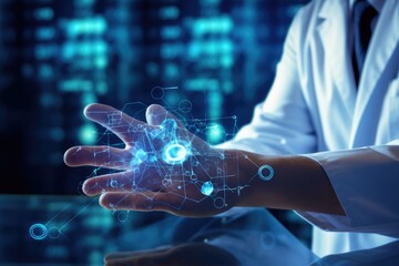 Businessman on blurred background holding globe in his hand 3D rendering, Medical technology concept, Doctor's hand working with a modern computer interface as a medical network concept, AI Generated