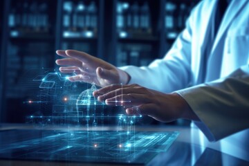 Close up of female scientist working with virtual panel interface on dark background, Medical technology concept, Doctor's hand working with a modern computer interface as, AI Generated