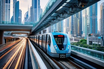 Modern high speed train with motion blur in Dubai, United Arab Emirates, Metro railway among glass...