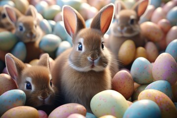 Easter bunnies in a pile of colorful eggs. An Easter card.