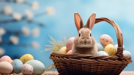 Easter bunny in a basket with painted eggs on a blue background. Postcard, banner for the bright Easter holiday.  