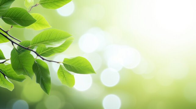 Lush green leaves on a branch with a soft bokeh effect, symbolizing growth and freshness in nature.