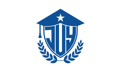JUY three letter iconic academic logo design vector template. monogram, abstract, school, college, university, graduation cap symbol logo, shield, model, institute, educational, coaching canter, tech