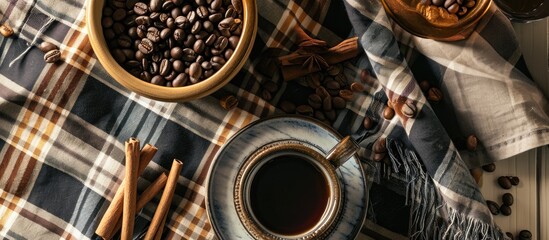 Bird's-eye view of coffee cup, beans in bowl with cinnamon sticks on plaid tablecloth, with empty area.