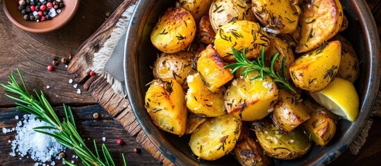 Organic vegetarian meal of grilled pan-roasted potatoes with rosemary, garlic, lemon, and sea salt. - obrazy, fototapety, plakaty