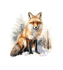 Fototapeta premium Fox watercolor Winter Forest Illustration 