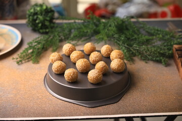 sesame balls Chinese famous food closeup with selective focus and blur