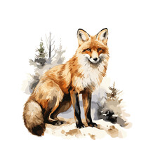 Fox watercolor Winter Forest Illustration 