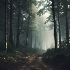 A mysterious forest with fog-covered trees.