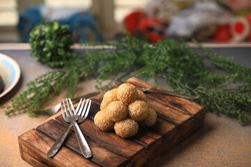 sesame balls Chinese famous food closeup with selective focus and blur