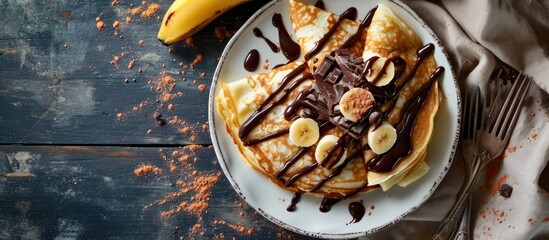 Chocolate and banana crepes served on a white plate, viewed from above with room for text. - obrazy, fototapety, plakaty