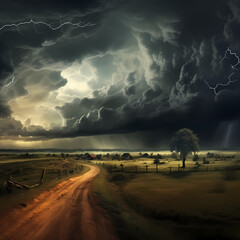 A dramatic shot of a thunderstorm rolling in over a rural landscape.