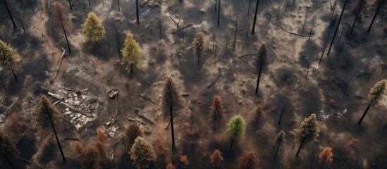Drone photo of overhead view of burned forest with burnt fir and pine trees. - Powered by Adobe