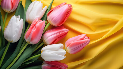 Obraz premium Pink and white tulips laid across a yellow silky fabric, creating a contrast of colors and textures.