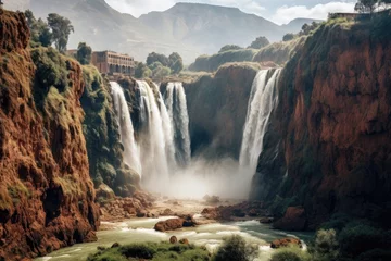 Fotobehang Scenic view of Seljalandsfoss waterfall in South Africa, Ouzoud waterfalls, Grand Atlas in Morocco, AI Generated © Ifti Digital