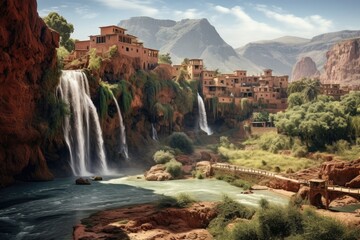 Waterfall in the city of Alhambra, Granada, Spain, Ouzoud waterfalls, Grand Atlas in Morocco, AI Generated - obrazy, fototapety, plakaty