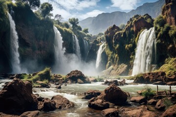 Scenic view of Seljalandsfoss waterfall, Ouzoud waterfalls, Grand Atlas in Morocco, AI Generated - obrazy, fototapety, plakaty