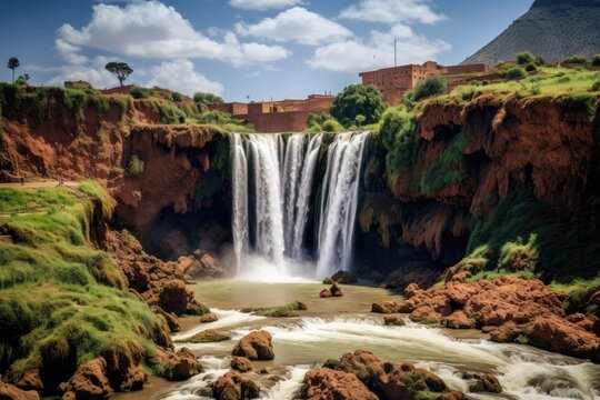 Waterfall in Morocco, Africa. Photo in old color image style, Ouzoud waterfalls, Grand Atlas in Morocco, AI Generated