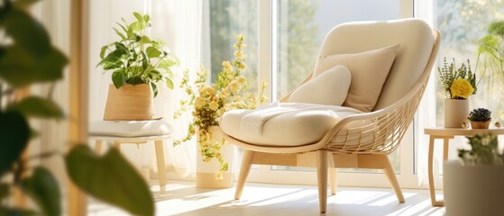 Aesthetic bright sunny elegant home living room interior design with comfortable lounge rattan chair, hat, side table, flowers bouquet, shelf with decorations. Scandinavian interior design