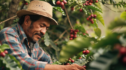 Colombian coffee farm owner checking the quality of his beans