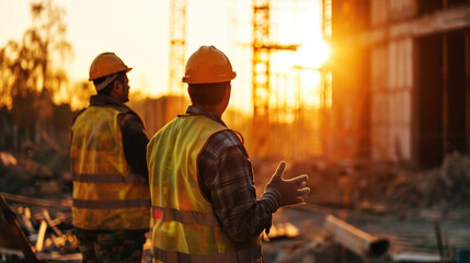 Employees working on the construction site wearing protective equipment and discussing the next construction phase