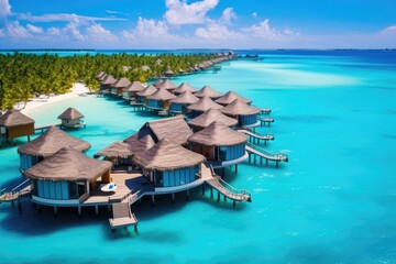 Beautiful tropical Maldives resort hotel and island with beach and sea, Perfect aerial landscape, luxury tropical resort or hotel with water villas and beautiful beach scenery, AI Generated