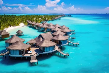 Fotobehang Turquoise Beautiful tropical Maldives resort hotel and island with beach and sea, Perfect aerial landscape, luxury tropical resort or hotel with water villas and beautiful beach scenery, AI Generated
