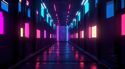 a modern hallway with neon illumination.