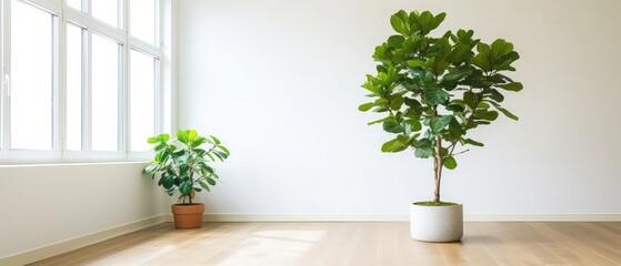 a living room with white walls and hardwood flooring, including a large green plant in the center of the room