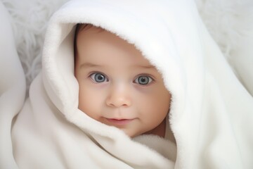 Portrait of a cute smiling baby girl in a white blanket, Portrait of a cute baby under a white blanket on a light background, AI Generated