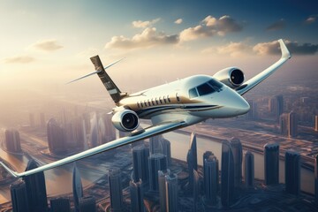 Airplane flying over Dubai city, United Arab Emirates. 3D rendering, Private jet plane flying above Dubai city, AI Generated
