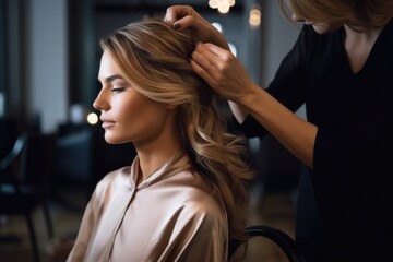 Fototapeta premium Professional hairdresser doing hairstyle for young woman in beauty salon, Professional hairdresser creating a hairstyle for women in a beauty salon, captured in a close-up shot, AI Generated