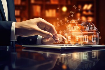 Real estate agent using tablet with house model on screen. Mixed media, Real estate concept with a businessman's hand working on a laptop computer featuring a house icon on the screen, AI Generated
