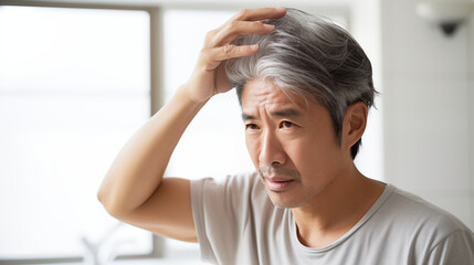 薄毛や白髪に悩む中年男性 Middle aged Asian man worries about hair loss and gray hair - obrazy, fototapety, plakaty