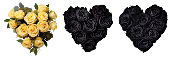 Isolated heart shapes with black and yellow roses. Flower love hearts on transparent background. Generative AI.